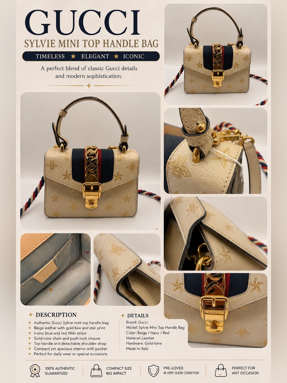 Gucci Beige Mini Top Handle Bag with Navy & Red Web and Gold Hardware